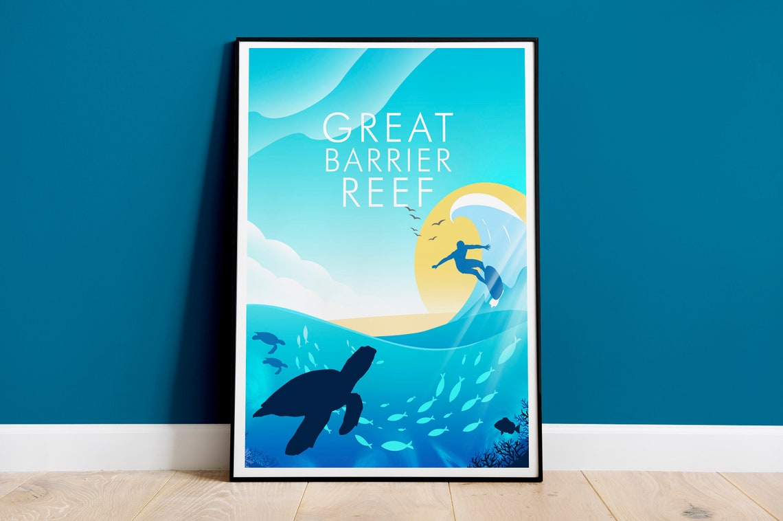Great Barrier Reef Surfer Wave Sea Turtle Ocean Sunset Travel Poster