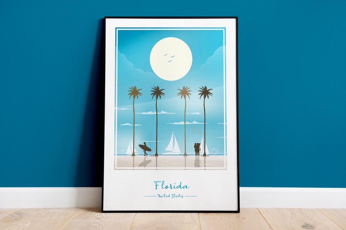 Florida Palm Trees Moonlit Beach Surfer Night Scene View Poster