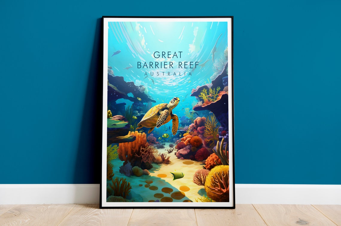 Great Barrier Reef Australia Sea Turtle Underwater Dive Poster