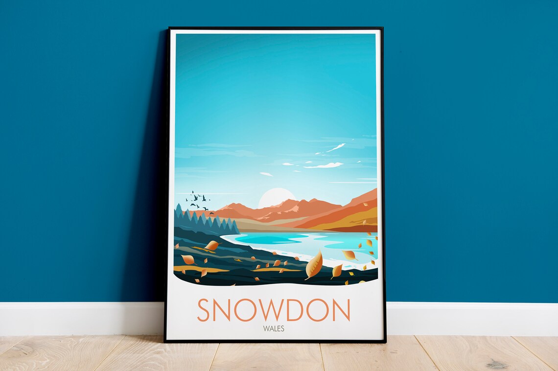 Snowdon Wales Mountain Lake Golden Leaves Autumn Scene Poster