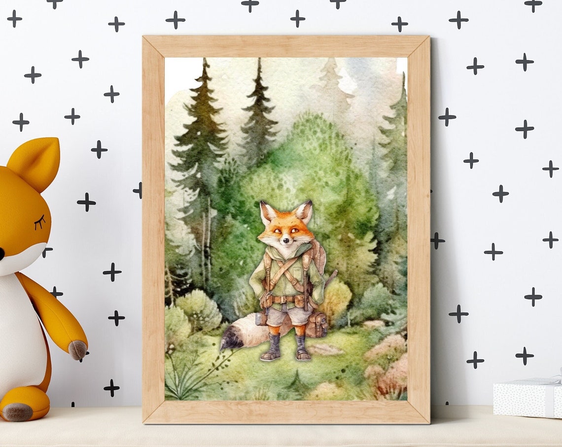 Fox Explorer Hiker in a Pine Forest Woodland Nursery Kids Room Poster