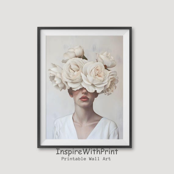Woman With Flower Painting Moody Portrait Wall Art Feminist Neutral White Flowers Print