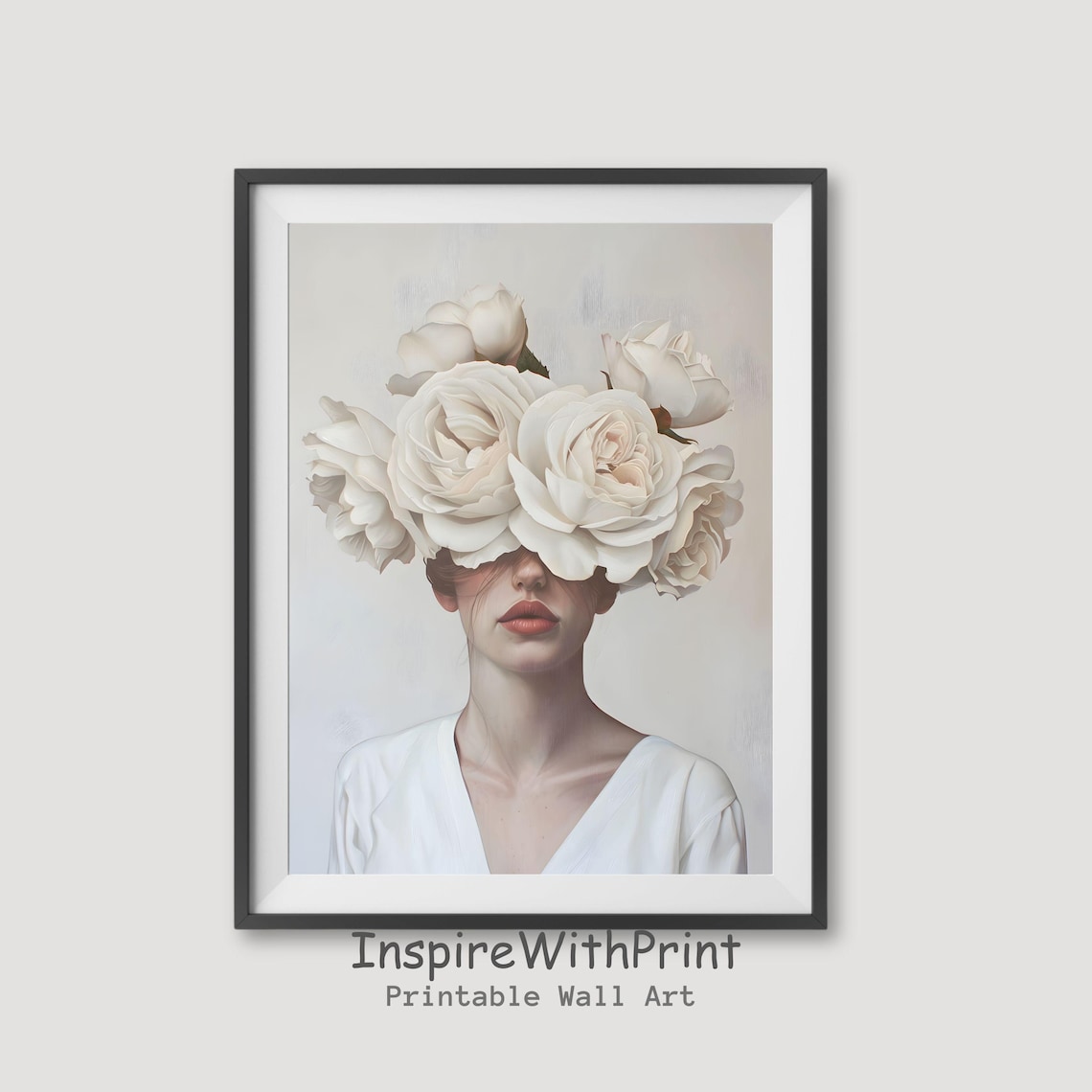 Woman With White Roses Floral Portrait Surreal Botanical Art Poster