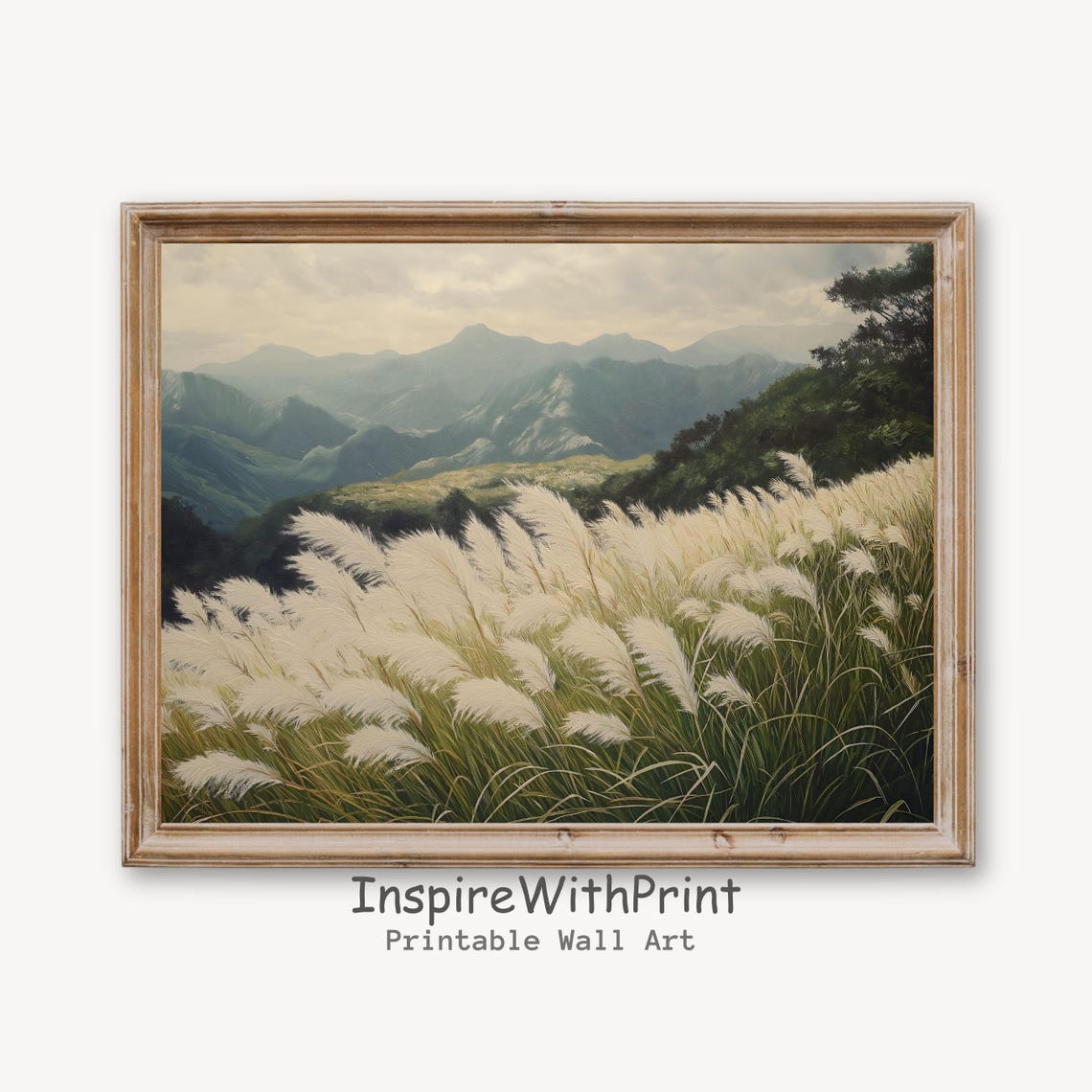Rustic Pampas Grass Meadow Mountain Valley Landscape Wall Art