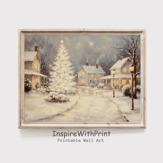 Snowy Christmas Village Night Poster Glowing Tree Winter Street Scene