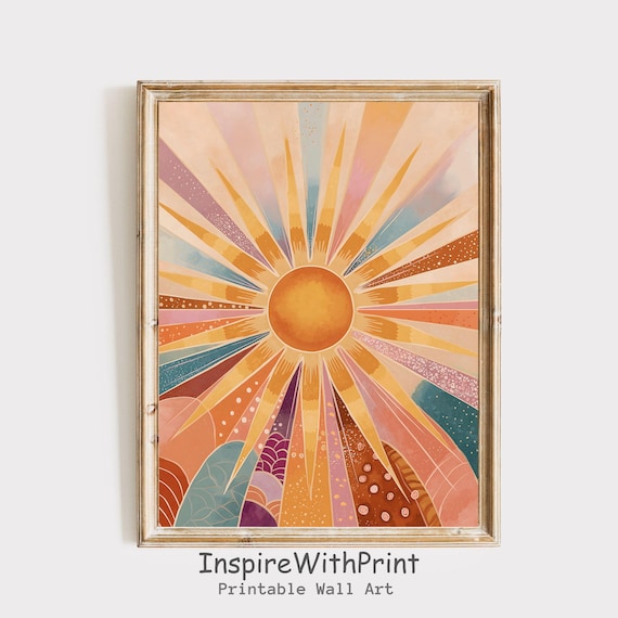 Peach Boho Sunrise Pastel Patterned Sunrays Warm Retro Poster