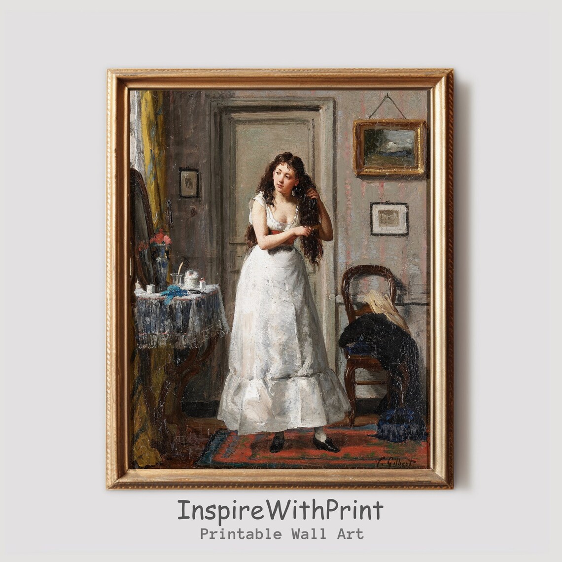 Vintage Woman Brushing Hair Classic Oil Painting Portrait Print