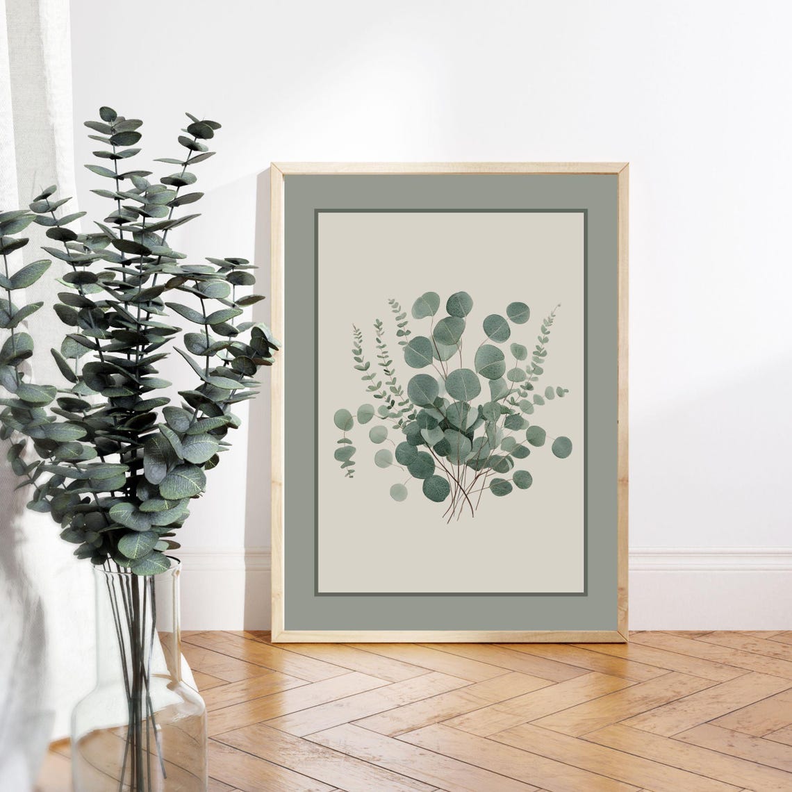 Sage Green Eucalyptus Leaves Minimalist Botanical Watercolor Wall Art