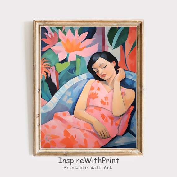 Matisse Style Reclining Woman Floral Pink Modern Fauvist Art Print