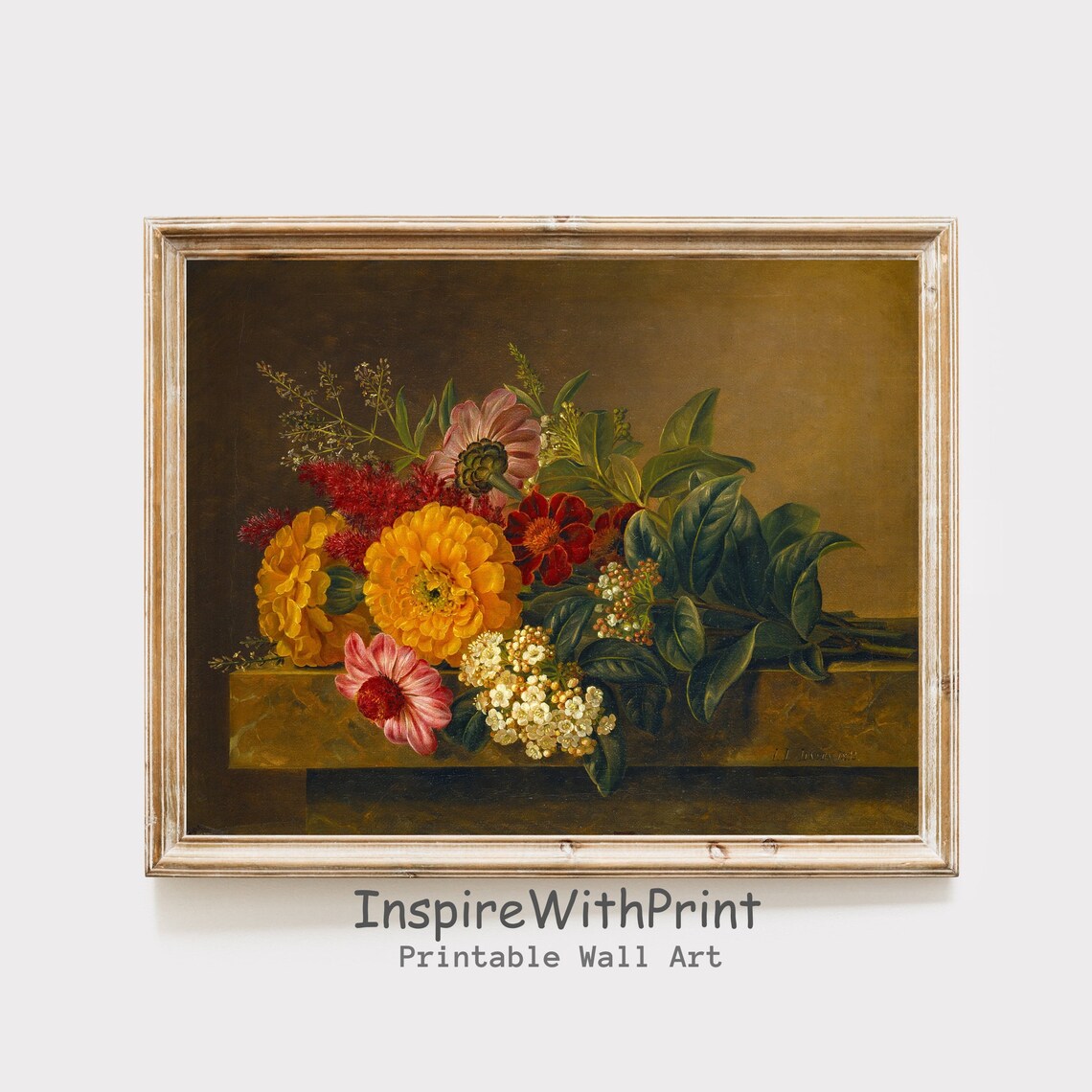 Vintage Flower Still Life Painting, Moody Floral Art Print