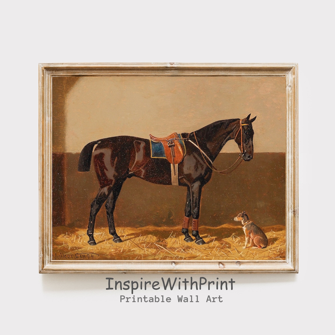 Vintage 1894 Saddled Horse and Dog Stable Oil Painting Art Poster
