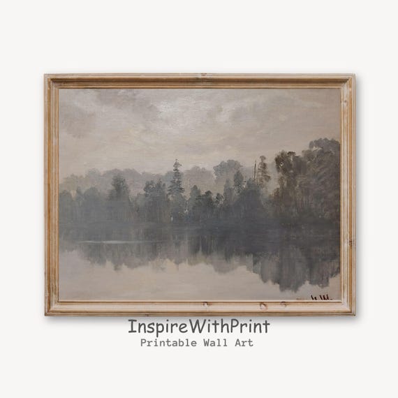 Rustic River Landscape Oil Painting Moody Vintage Neutral Wall Art Cabin Decor Antique Print