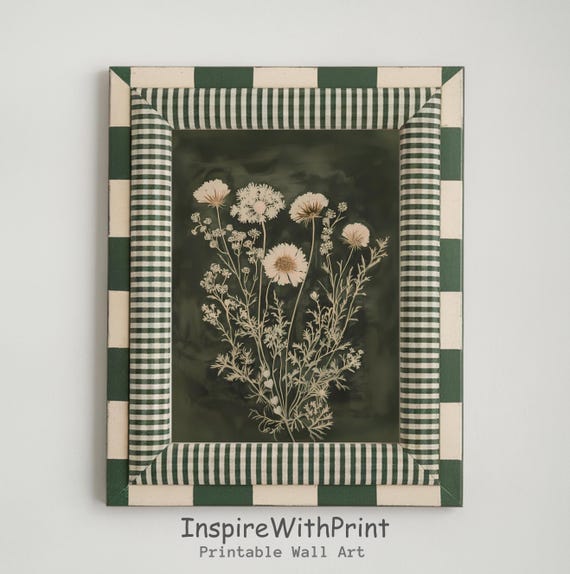 Boho Floral Emerald Green Wall Art Moody Wildflowers Print Vintage Style Flower Neutral Botanical Decor