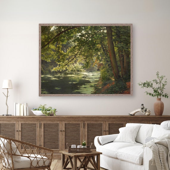 Timeless Riverside Landscape Painting Artful Trees Wall Art Vintage Country Print Calming Nature