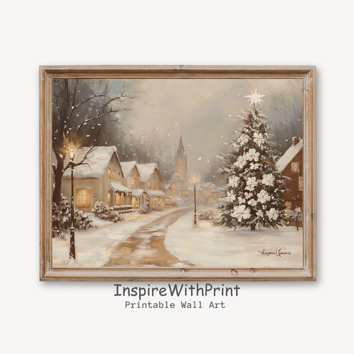 Snowy Village Street With Church And Towering Christmas Tree Holiday Poster