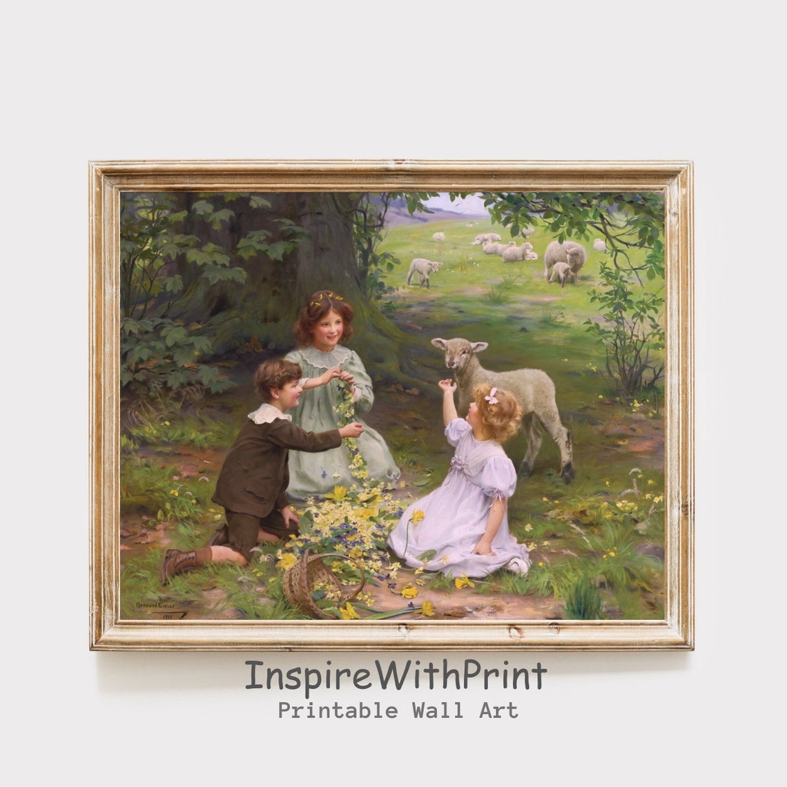 Children Picking Flowers In A Garden With Sheep Vintage Art Poster