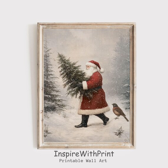 Vintage Santa Claus Carrying Fresh Pine Tree Through Falling Snow Poster