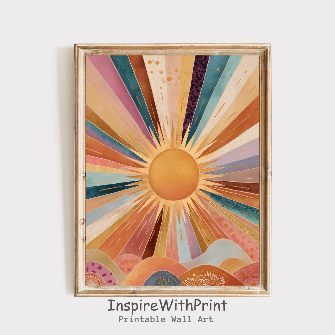 Boho Sun Print Colorful Wall Art Abstract Sunrise Midcentury Modern Playroom Poster Nursery
