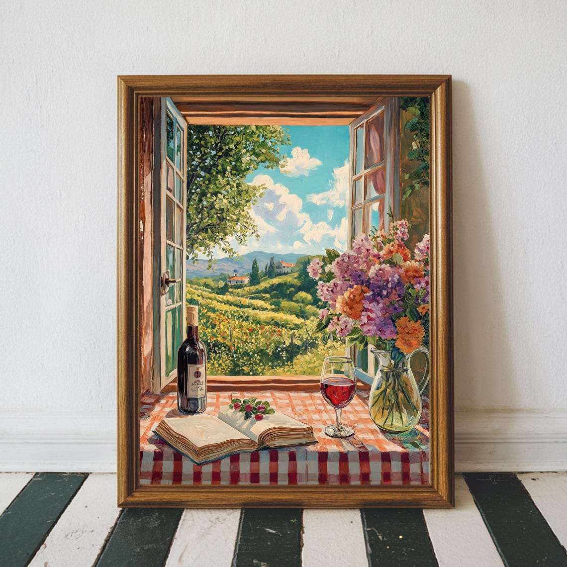 Open Window Vineyard View Wine Book Flowers Still Life Art Poster