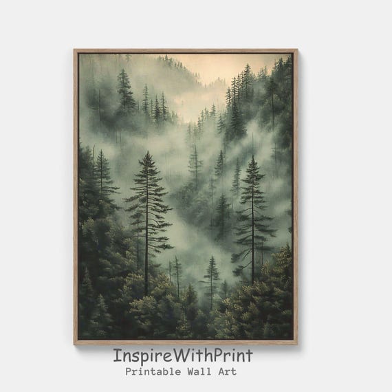 Foggy Pine Tree Forest Print Misty Wall Art Oil Painting Winter Landscape Sage Green Rustic Decor