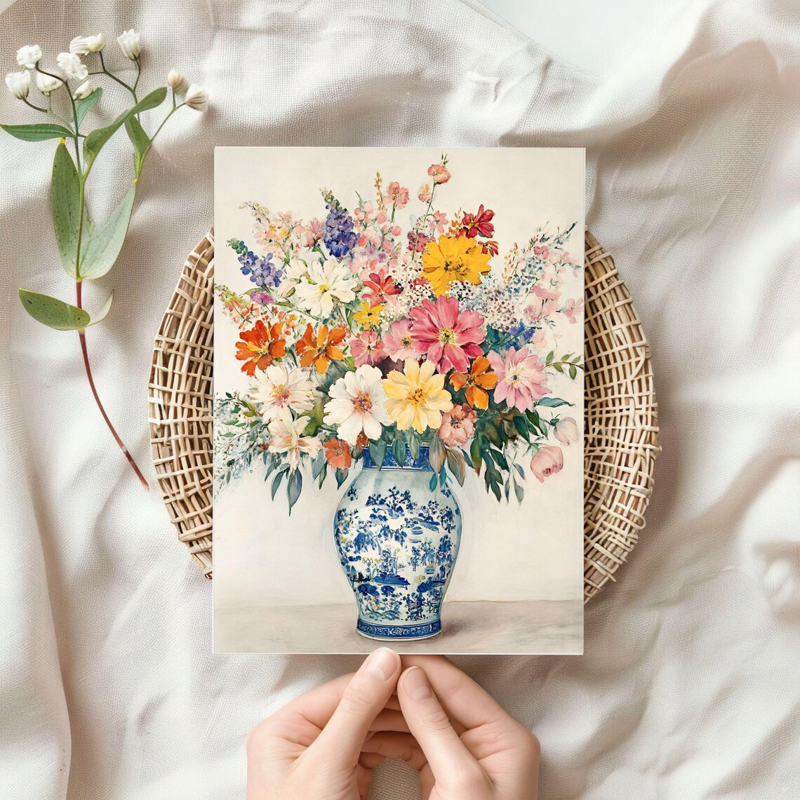 Colorful Bouquet Blue White Chinoiserie Vase Watercolor Floral Print