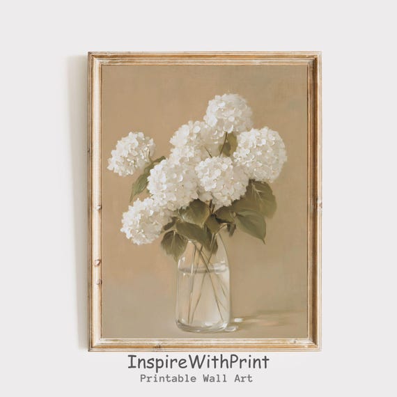 Vintage White Hydrangea Print Moody Flower Painting Cottage Core Farmhouse Art Neutral Wall Soft Beige