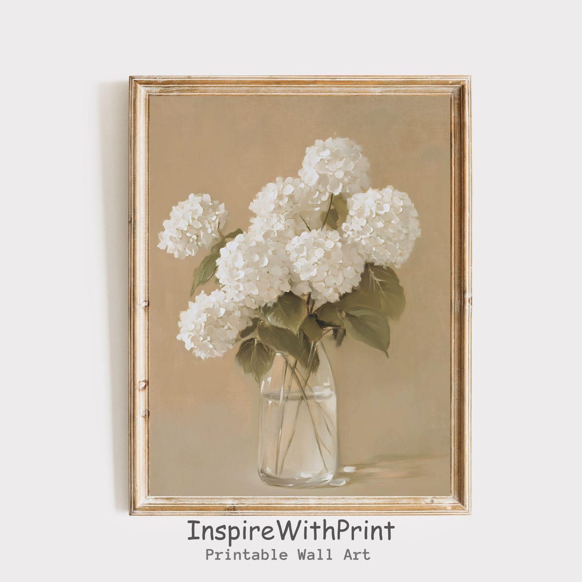 White Hydrangeas Glass Bottle Beige Vintage Floral Still Life Poster
