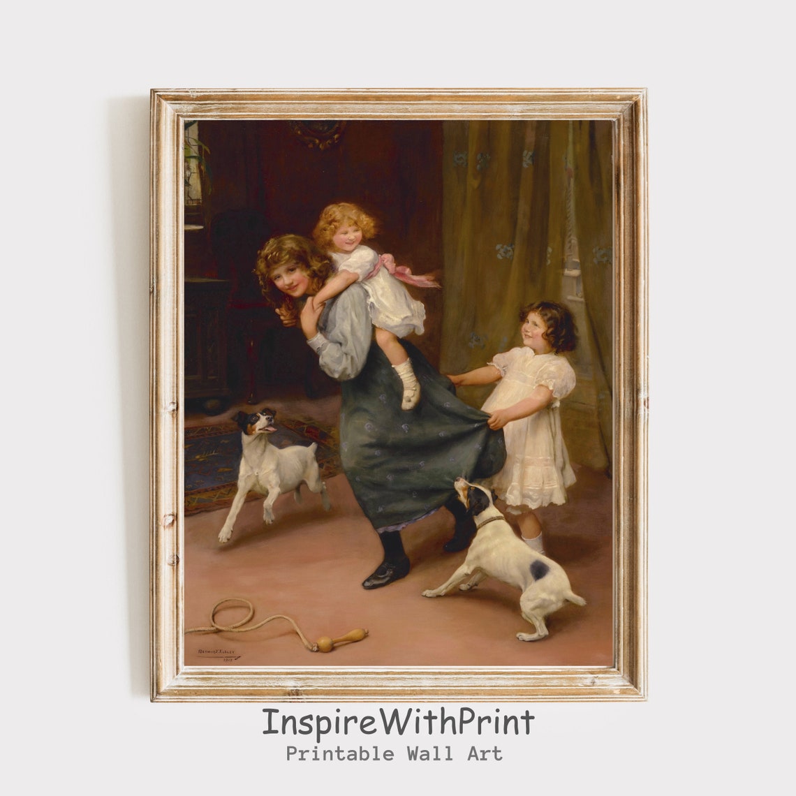 Victorian Children Playing With Dogs Classic Oil Painting Poster