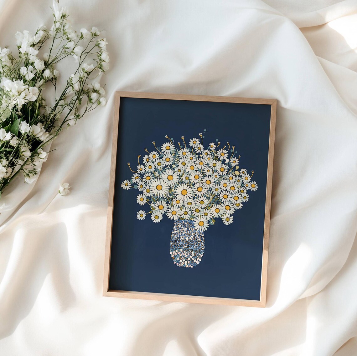 Daisy Flower Bouquet in Chinoiserie Vase, Floral Art Print
