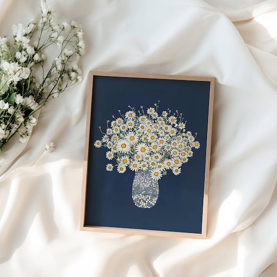 Daisy Flower Bouquet in Chinoiserie Vase, Floral Art Print