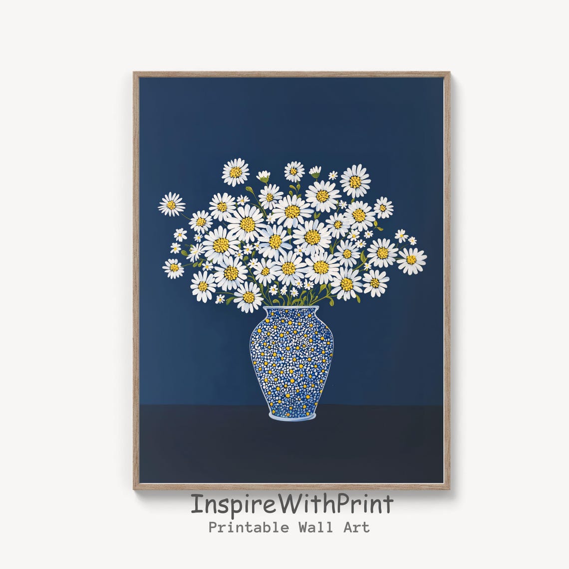 White Daisies in Blue Floral Vase Navy Background Still Life Poster