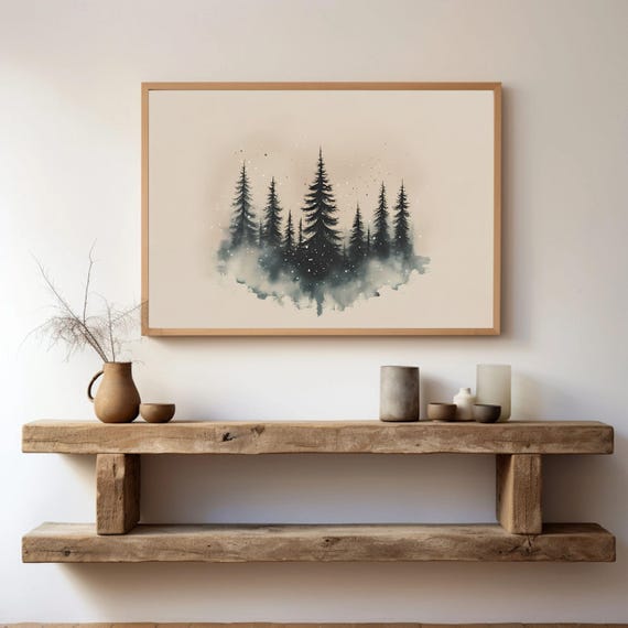 Rustic Winter Pine Tree Forest Print Trees Watercolor Painting Neutral Wall Art Sage Green Decor