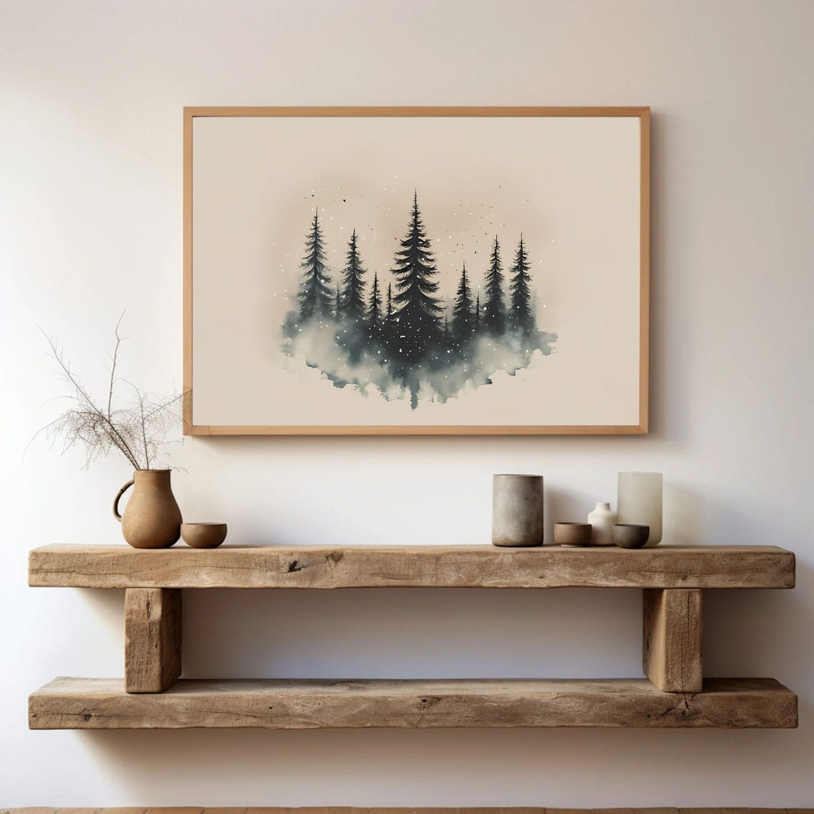 Winter Pine Trees Watercolor Print on Cream Background, Serene