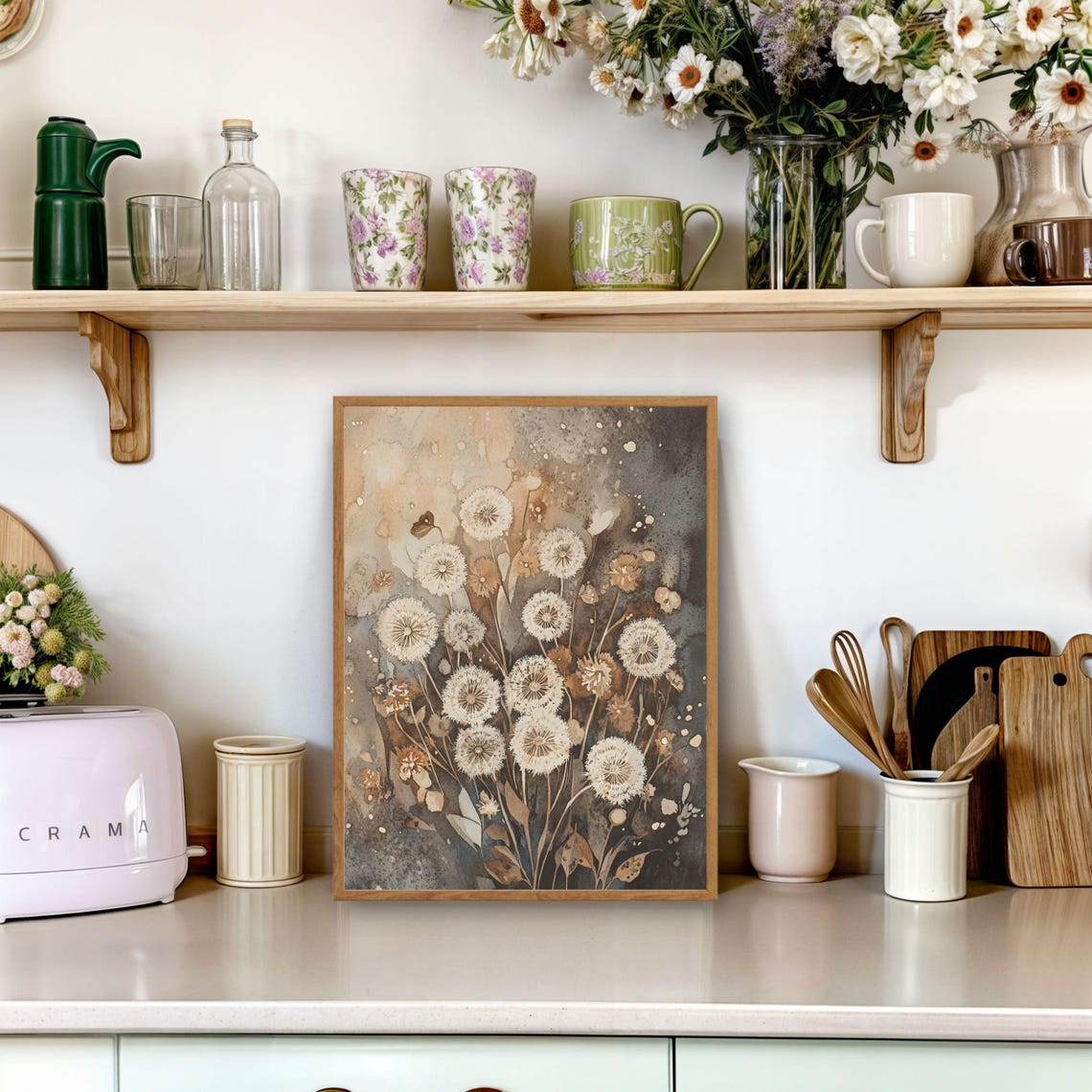 Rustic Dandelion Seed Head Watercolor Floral Neutral Farmhouse Poster