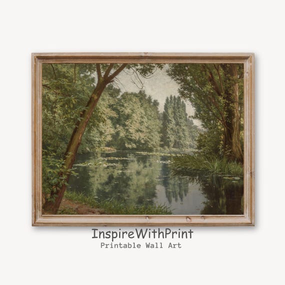 Vintage River Landscape Painting Country Print Cottage Core Art Farmhouse Wall Decor Calming Nature