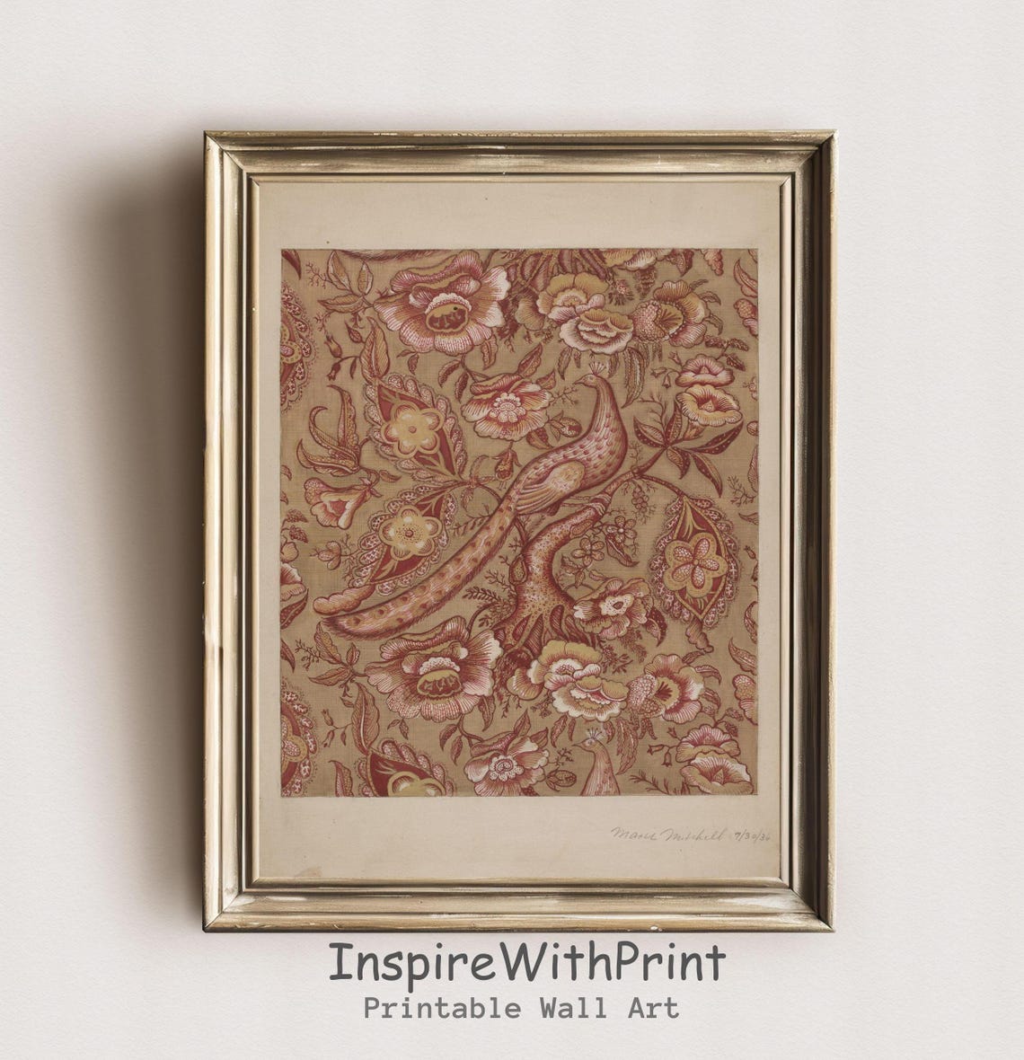 Vintage Terracotta Peacock and Floral Textile Pattern Poster