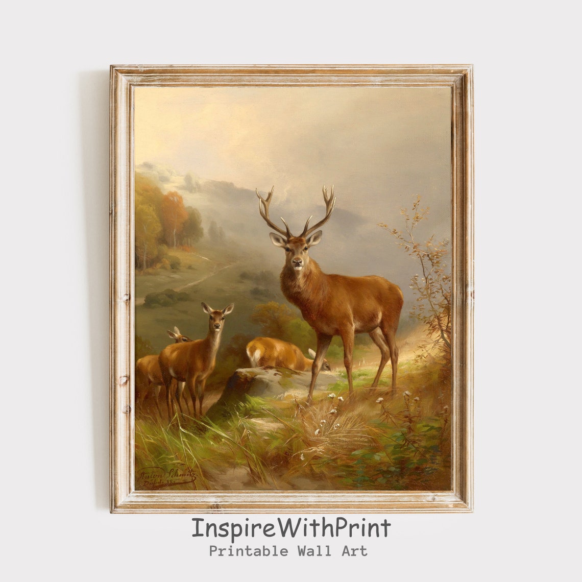 Vintage Red Deer Stag And Does Forest Painting Wildlife Art Poster