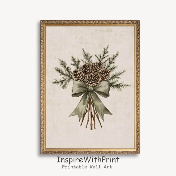 Christmas Pinecone Bouquet Vintage Botanical Print With Sage Bow