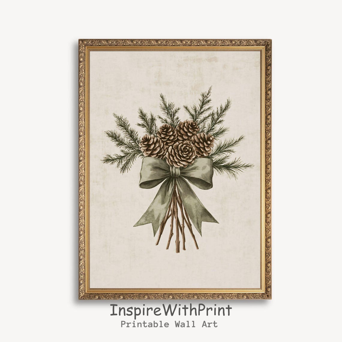 Christmas Pinecone Bouquet Vintage Botanical Print With Sage Bow