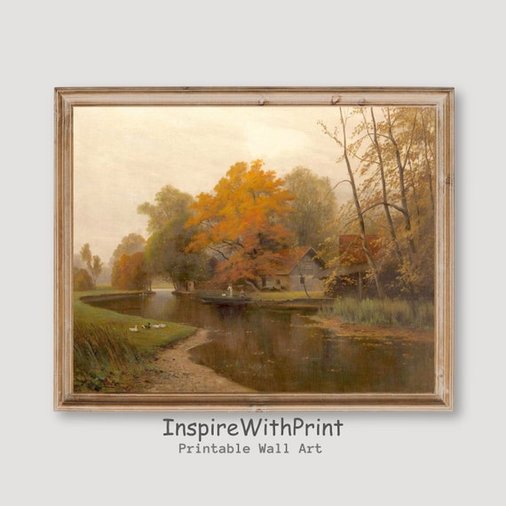 Autumn Landscape Print Vintage Style Oil Painting Moody Wall Art Fall Decor Country Farmhouse