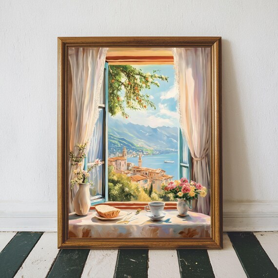 Open Window View to Mediterranean Lake Town With Flowers and Coffee Poster