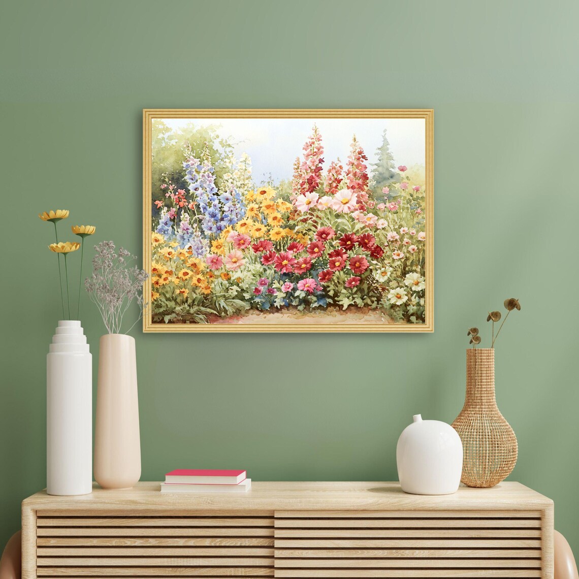 Vibrant Watercolor Flower Garden Delphiniums and Cosmos Floral Poster