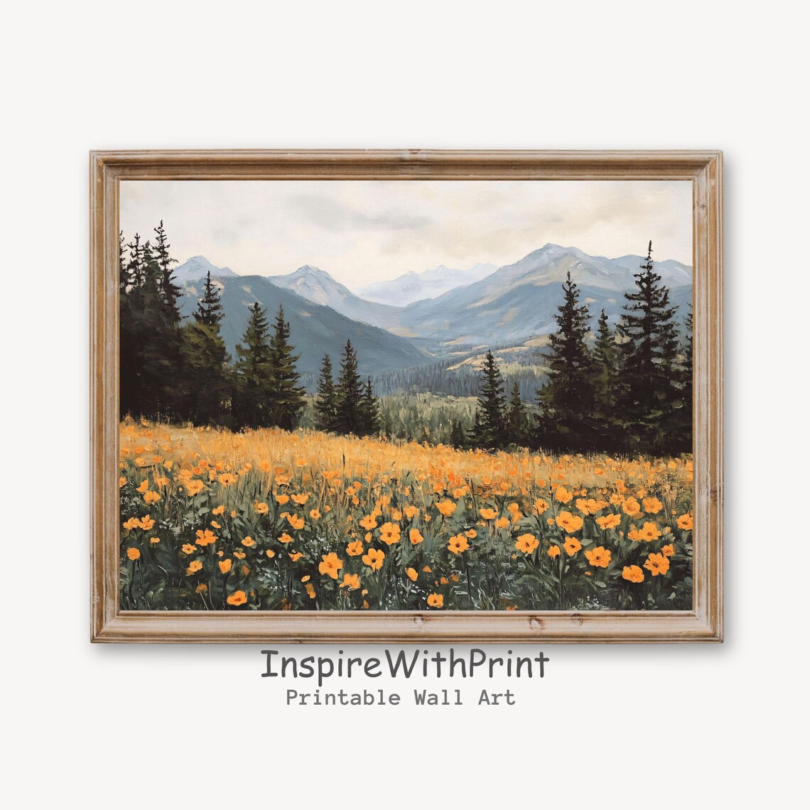 Boho Mountain Landscape Art Print, Wildflower Meadow