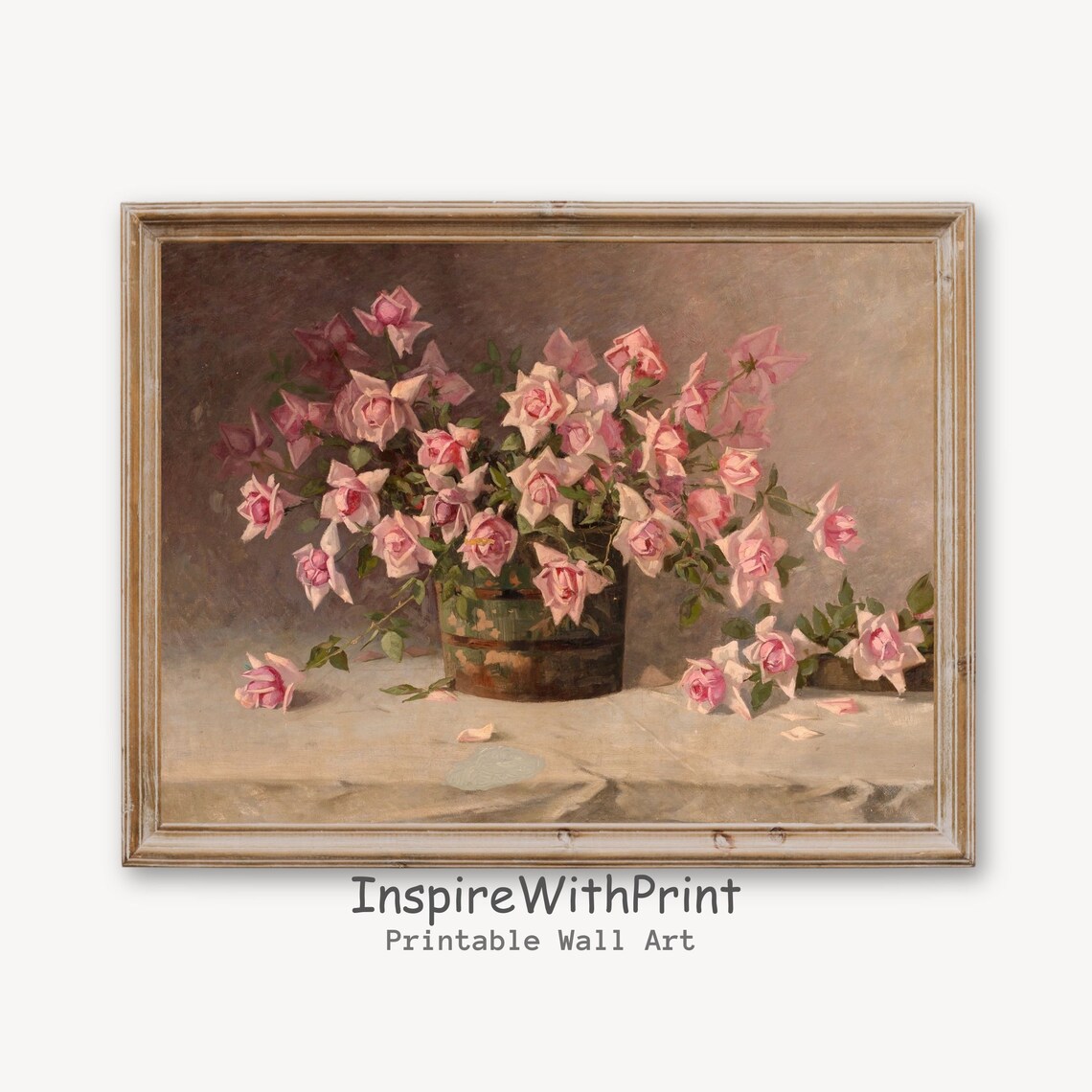 Vintage Pink Roses Still Life Moody Floral Oil Painting Poster