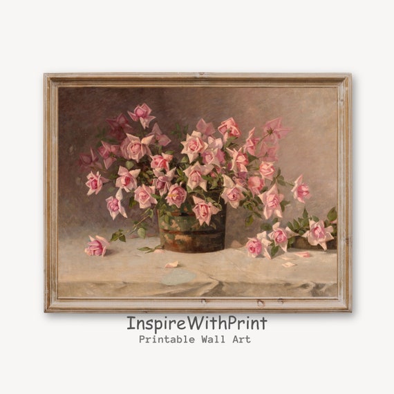 Vintage Floral Still Life Painting Pink Roses Print Botanical Flower Art Pastel Moody