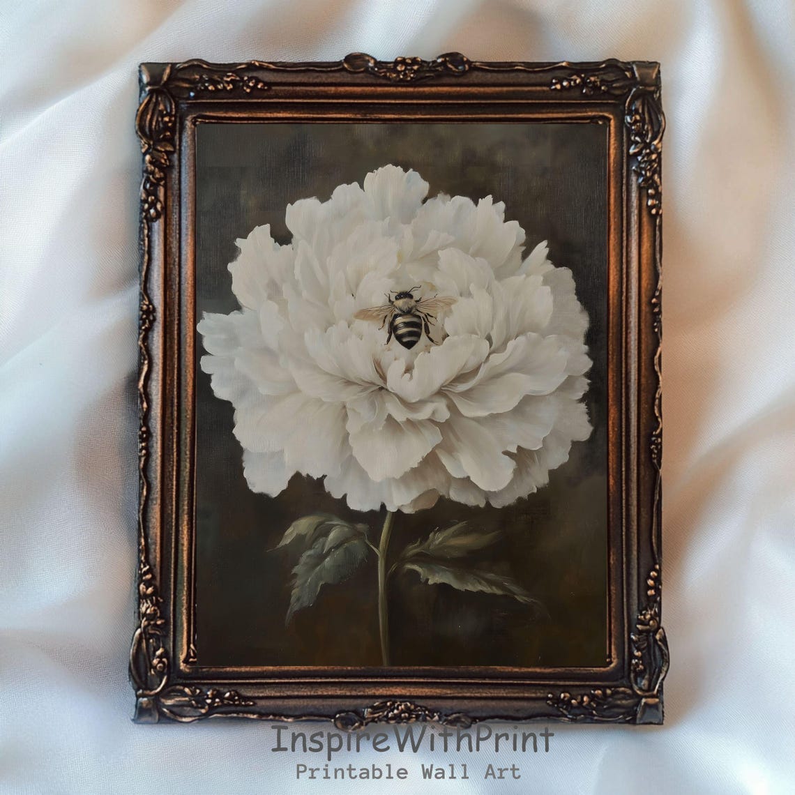 White Peony with Honeybee Moody Vintage Botanical Oil Poster