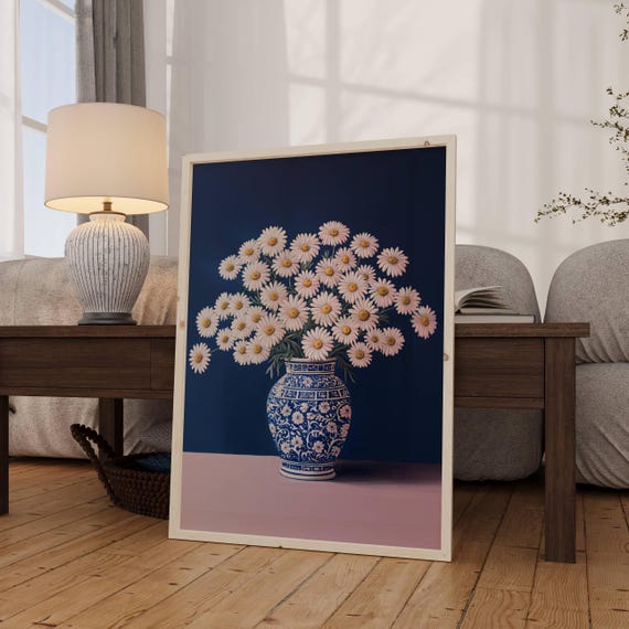 Daisy Flower Bouquet In Chinoiserie Vase Print Pink Daisies Wall Art Moody Floral Still Life Painting