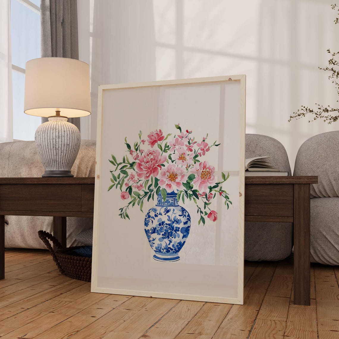Pink Peonies Flower Bouquet Blue White Chinoiserie Vase Art Poster
