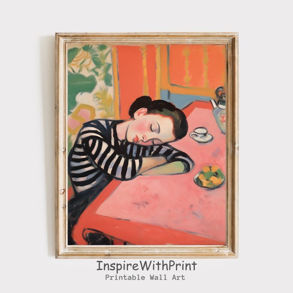 Tired Woman Sleeping On The Table Painting Matisse Inspired Art Portrait Print Pastel Decor