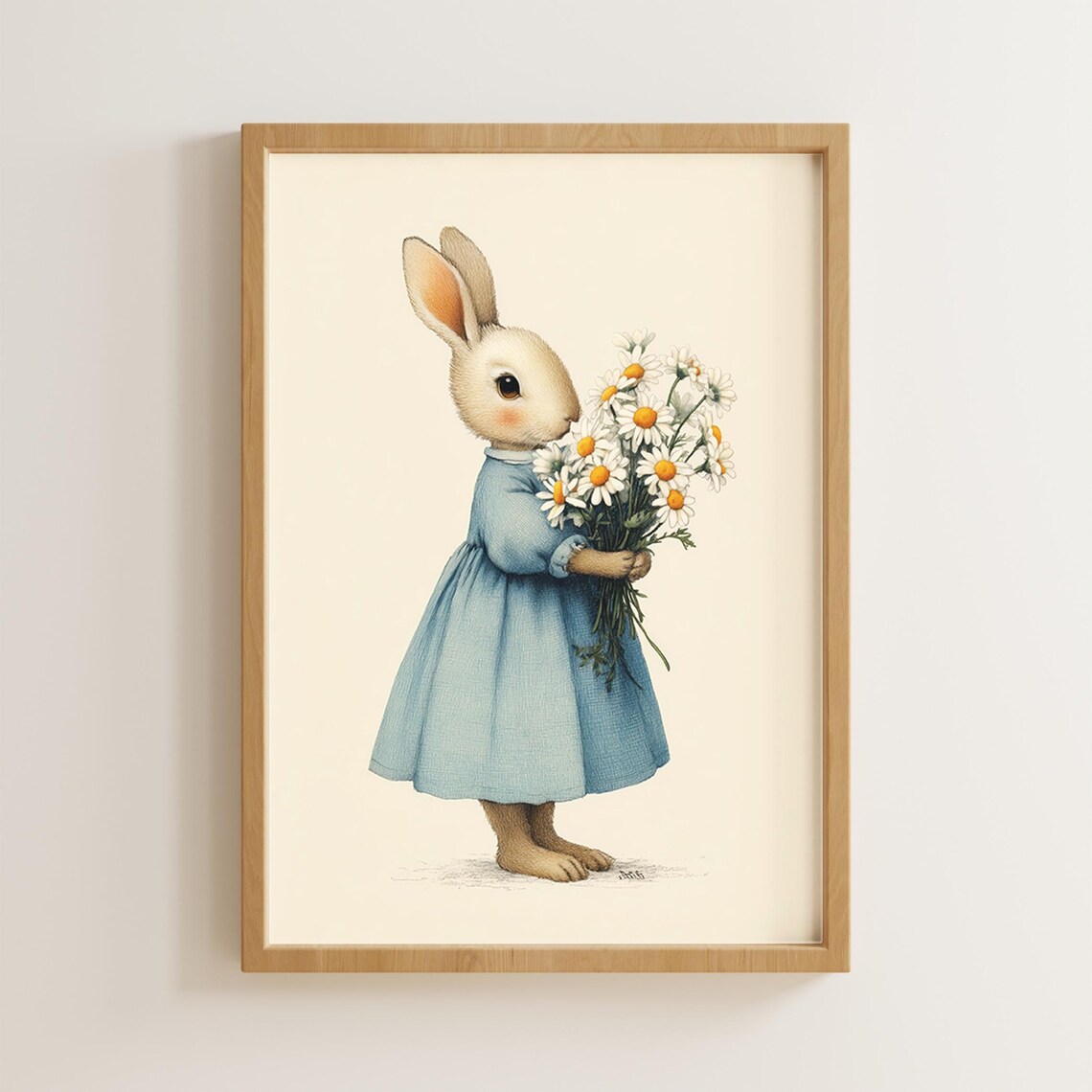 Sweet Bunny in Blue Dress Holding Daisies Baby Nursery Wall Art